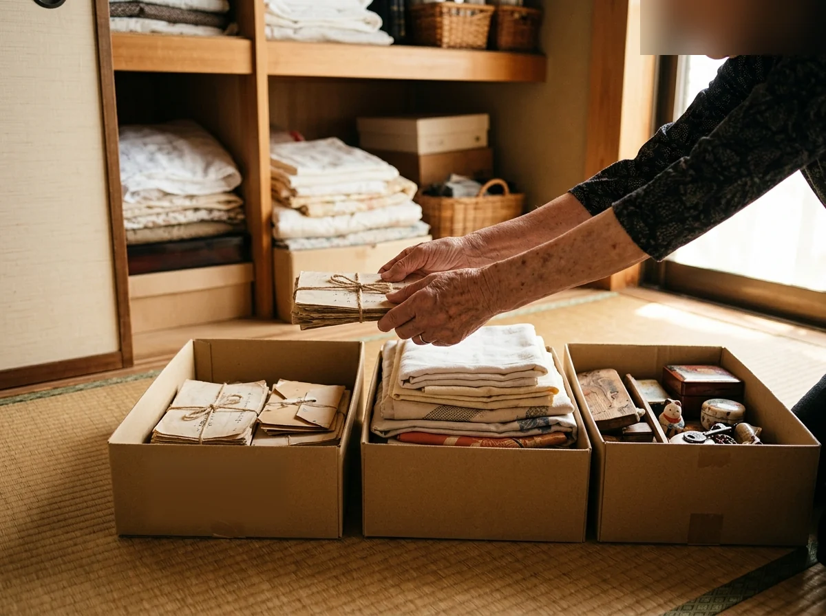 押入れの前で、手紙の束や布類を三つの箱に分けている手元