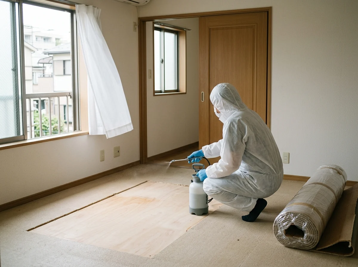 床材をはがした空室で、防護服の作業者が下地に消毒剤を吹きつけている様子
